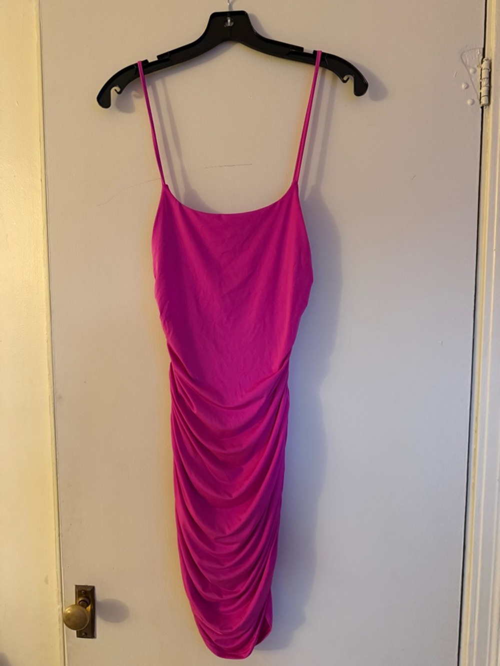 gaze Hot Pink Ruched Spaghetti Strap Midi Dress